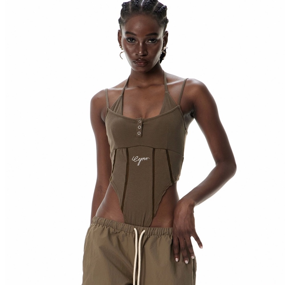 Elegant Brown/Green Cut Out Bodysuit NWT